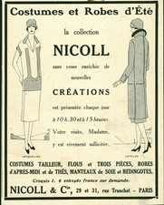 Publicité ancienne mode costumes et robes Nicoll 1925 issue magazine 
