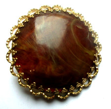 Clip passe pince à foulard couleur or cabochon marron marbré bijou vintage 188