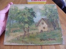 PEINTURE AU COUTEAU SUR PANNEAU BOIS - DECOR GRANGE ET JARDIN - SIGNÉE