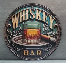 Plaque métal vintage Whisky and cigar Bar 20x20 ronde Neuve
