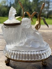 Encrier XIX EME Crystal & Laiton Doré Enfant & Ecureuil Antique Inkwell