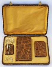 SUBLIME ancien COFFRET MISSEL CHRIST ROI N°385 + CHAPELET + PORTE MONNAIE cuir