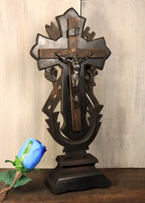 Antique French Black Forest Hand Carved Wood Standing Altar Cross Crucifix c1900