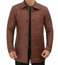 Manteau homme marron 100% cuir véritable agneau style vintage boutonné
