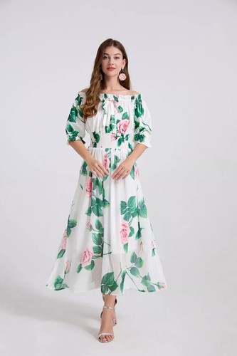 Robe longue fleurie verte - fleurie, avec