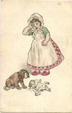 Fillette qui pleure avec Teckel qui a cassé sa poupée.Postée en 1909.