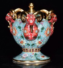 7.2 "marqué émail porcelaine doré fleur motif 3 moutons statue vase