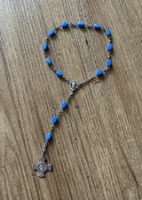 Ancien chapelet, dizainier en métal et perles bleues en verre 