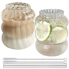 Lot de 2 Verres à Eau Ondulés 650 ml Avec Pailles et Brosse - Pour Café Glacé...