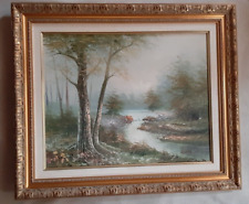 tableau huile sur toile d'un ruisseau traversant une foret signé H Gailey