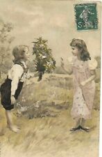 CPA carte postale ancienne portrait d'enfants au bouquet  A&M.B