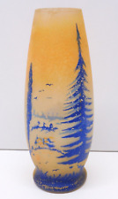 -JOLI ANCIEN VASE VERRE Moulé Peint décor SAPINS BLEUS signé AINA? COLLECTION  D