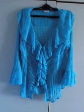 Chemisier turquoise plissé et grand col à volants T40