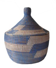 PANIER AFRICAIN A COUVERCLE BLEU ET BLANC DU SENEGAL ARTISANAT AFRIQUE