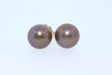 14k or Jaune 6.75mm Teint Chocolat Véritable Boucles D'Oreille Perle D'Eau Douce