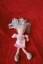 Doudou Kaloo Poupée Attache Tétine Rose Robe Cheveu Laine Bleu 19 cm