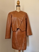 VINTAGE 80S TAILLEUR ENSEMBLE CUIR VERITABLE MARRON VESTE ET JUPE BOUTONNÉES