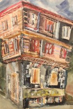 Paysage aquarelle réaliste vintage d'une maison