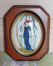 Ancien Tableau Porcelaine Bombée Femme Art Déco cadre bois et doré