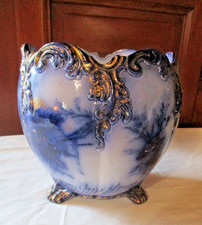 CACHE POT EN  FAÏENCE ANGLAIS  decor CAMAIEU  bleu cobalt et dorure BE