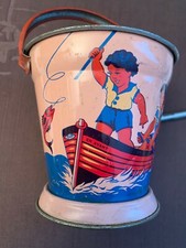 Ancien jouet seau de plage fer blanc MADE IN FRANCE, SUPERBE pèche en barque