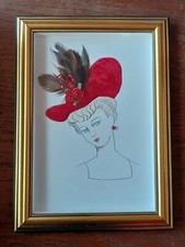 tableau encadré artisanal "visage au chapeau rouge" 22 x16cm 