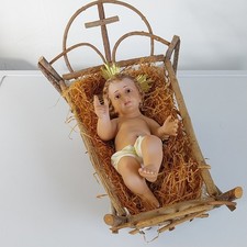Vintage Enfant Jésus / Berceau en Bois OLOT Yeux en Verre Guadalupe Espagne TBE