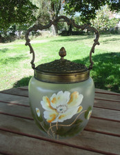 Seau à biscuits en verre émaillé en surépaisseur décor floral