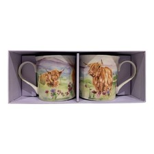 x2 tasses vaches des Highlands veaux de bovins de Chine fine café thé en...