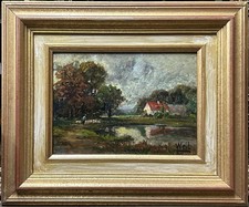 Original Antique Oil Painting on Hardwood, Landscape, Nature, Signed, Framed