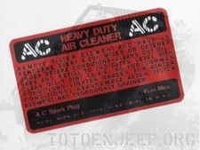 DECALCOMANIE POSE A L EAU  FILTRE A AIR EARLY .  jeep GPW WILLYS  us ww2