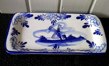 Coupelle vide poche porcelaine peint main Delft Blue. Décor moulin et fleurs