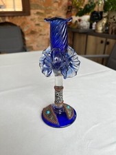 Bougeoir Venise Murano XXè bleu décor métal argenté hauteur 23cm