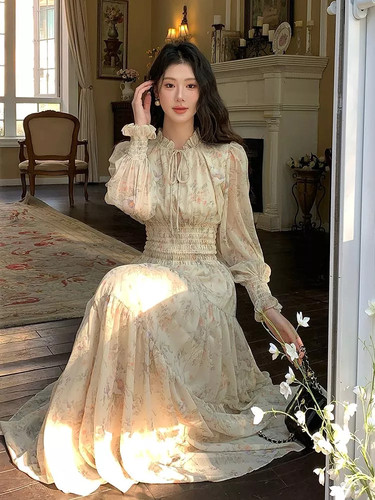Robe longue florale beige - robe,