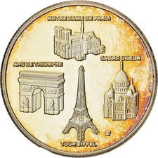 France, Médaille, Monuments de Paris, Acier doré, Colorisé, VZ+
