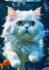 Photo A4 Chat blanc sous l’eau — regard vert lumineux — style fantasy — 678