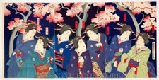 Triptyque kimono femme Gekko Ogata Japon imprimé sur bois fleurs de cerisier