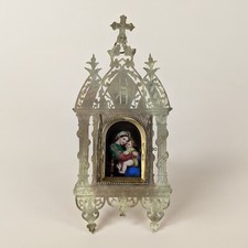 Antique Italian Miniature Raphael Madonna & Child Painting Easel Frame Shrine