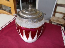 Ancien seau à biscuits, en verre émaillé et régule argenté, décor bordeaux.