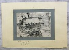 Crayon Paysage Marin Bateaux lavoirs sur l'Erdre Loire Atlantique Maine Rivière