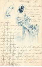 Fantaisie - Jeune femme admirant un perroquet sur son perchoir - Dessin