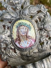 Emaux & Christ & 18 Eme & bénitier & Email & Métal Argenté Repoussé