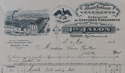 Facture lyon 1912 costume - facture,