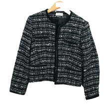 Antonelle Veste Femme 40 Noir Blanc Courte Tricot Tweed Col Rond Manches Longues