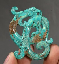 2.3'' Old Chinese Turquoise Carved Dragon Loong Beast Yubi Yu Bi Amulet Pendant