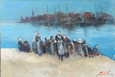  Le Guilloux  tableau HST - marine - Le retour des pécheurs 