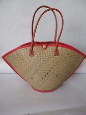 SAC PANIER CABAS EN PAILLE IDÉAL POUR LA PLAGE AVEC ANSES EN CUIR CONTOUR ROUGE