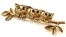 BROCHE VINTAGE HIBOU Chouette Oiseau Adorable 6,5cm signé Doré yeux cristal NOIR