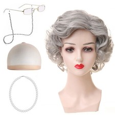 5 Pièces Perruque Grand-Mère Déguisement Vieille Dame Grand-Mère Perruque Kit...
