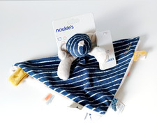 Doudou Plat Carré Aston Jack Chien Bleu Beige Blanc Rayé Attache Tétine  Noukies